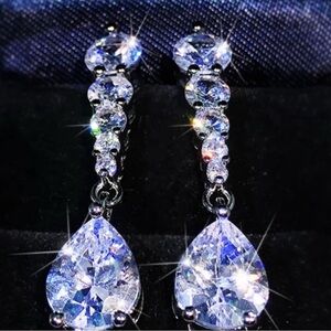 Sparkling Teardrop CZ Drop Earrings - Clear Silver Tone